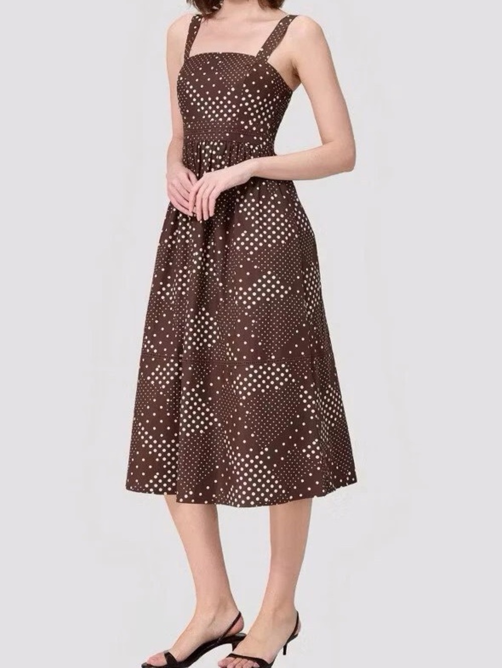 Brown Polka Dot Midi Dress with Square Neck